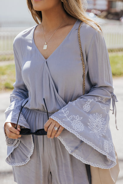 Surplice V Neck Floral Bell Sleeve Romper