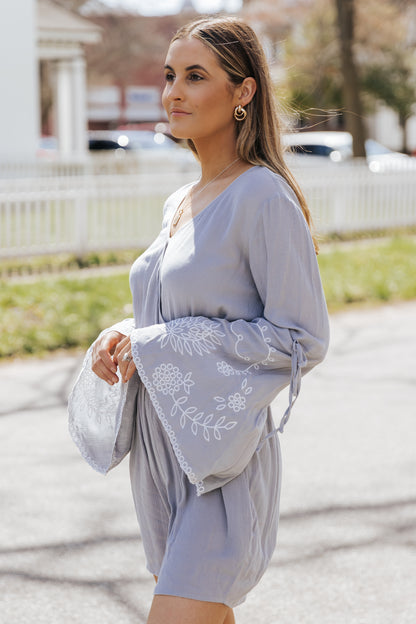 Surplice V Neck Floral Bell Sleeve Romper