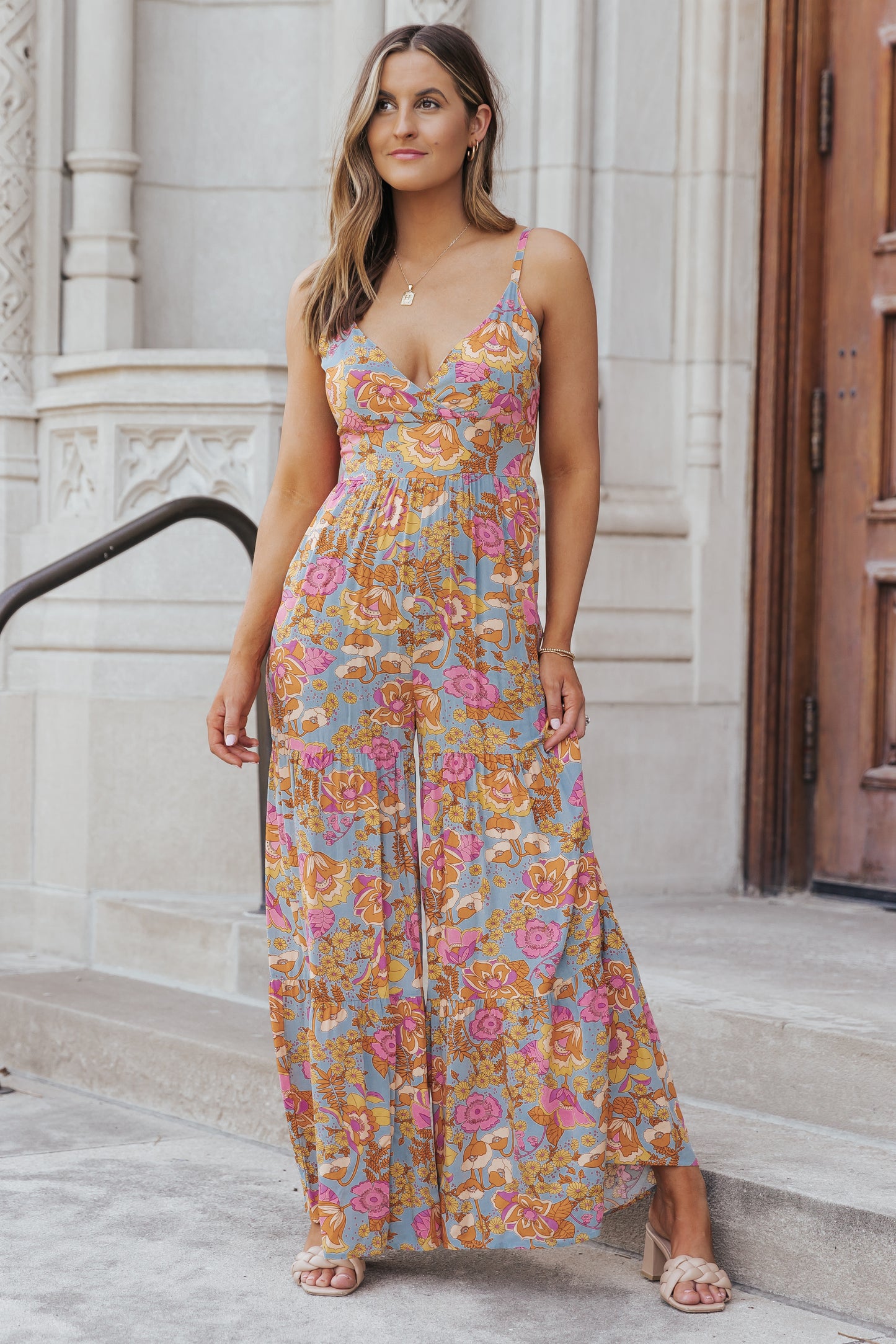 Adjustable Straps Floral Tiered Wide Leg Jumpsuit