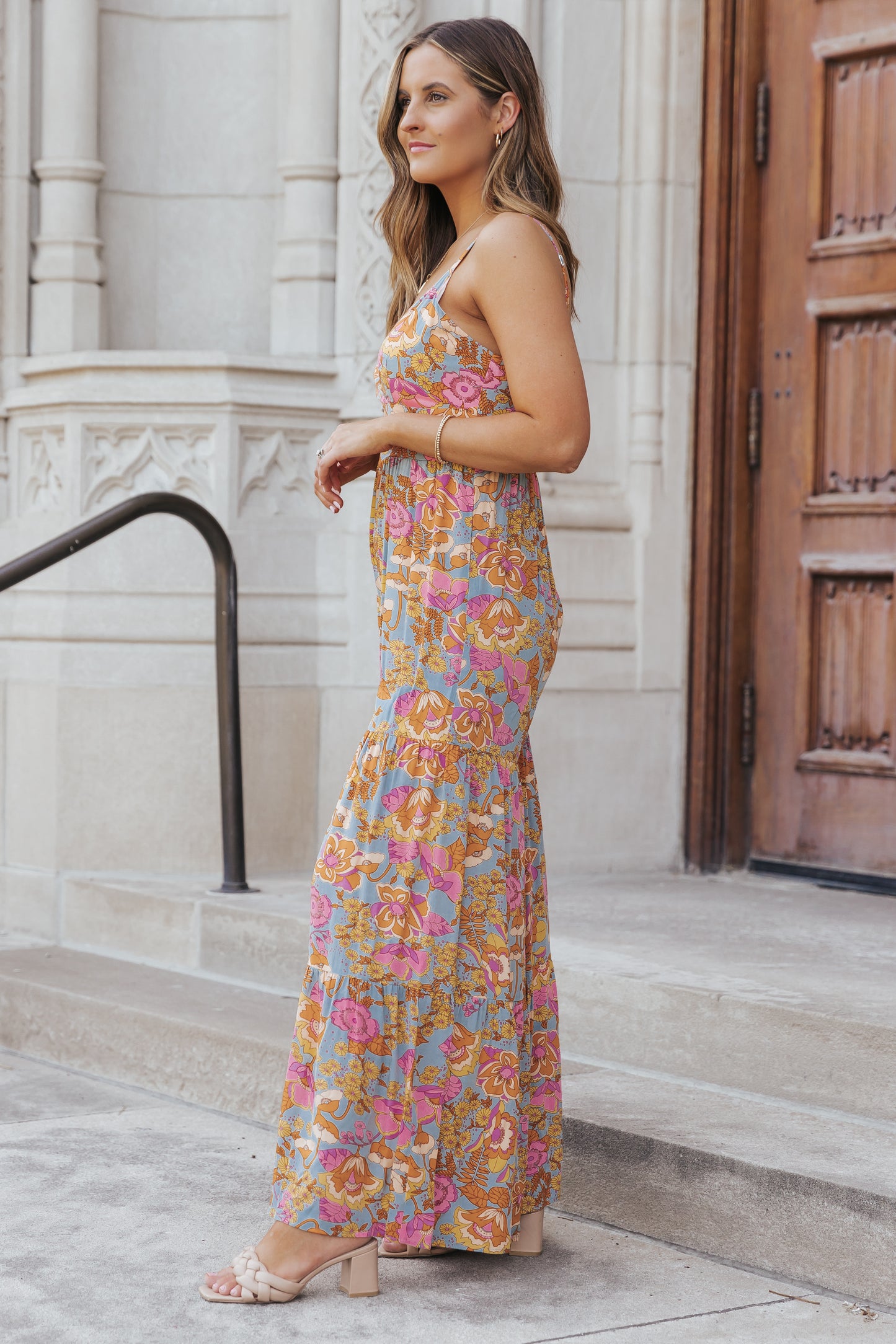 Adjustable Straps Floral Tiered Wide Leg Jumpsuit