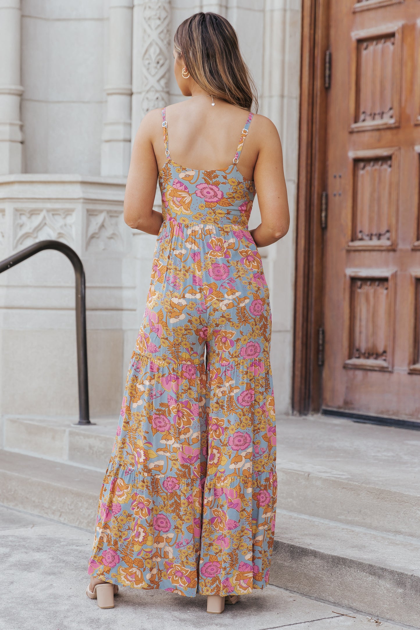 Adjustable Straps Floral Tiered Wide Leg Jumpsuit