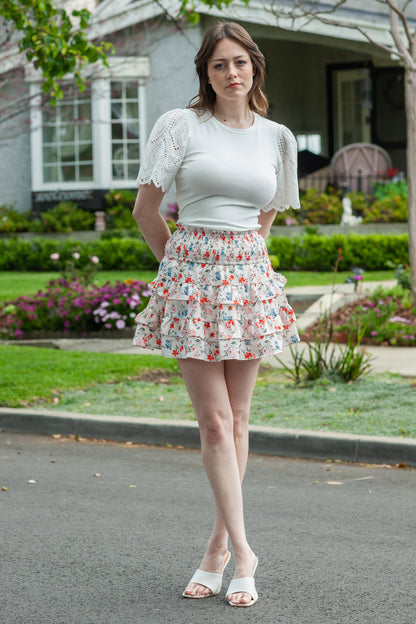 Beige Smocked High Waist Ruffle Tiered Floral Skirt