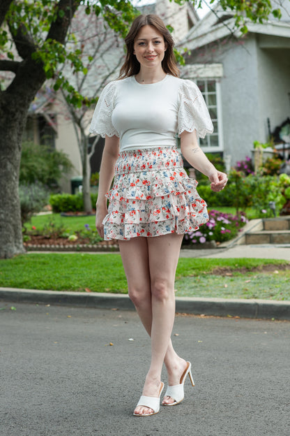 Beige Smocked High Waist Ruffle Tiered Floral Skirt