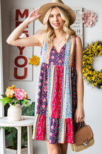 Red Floral Splicing Flounce V Neck Sleeveless Mini Dress