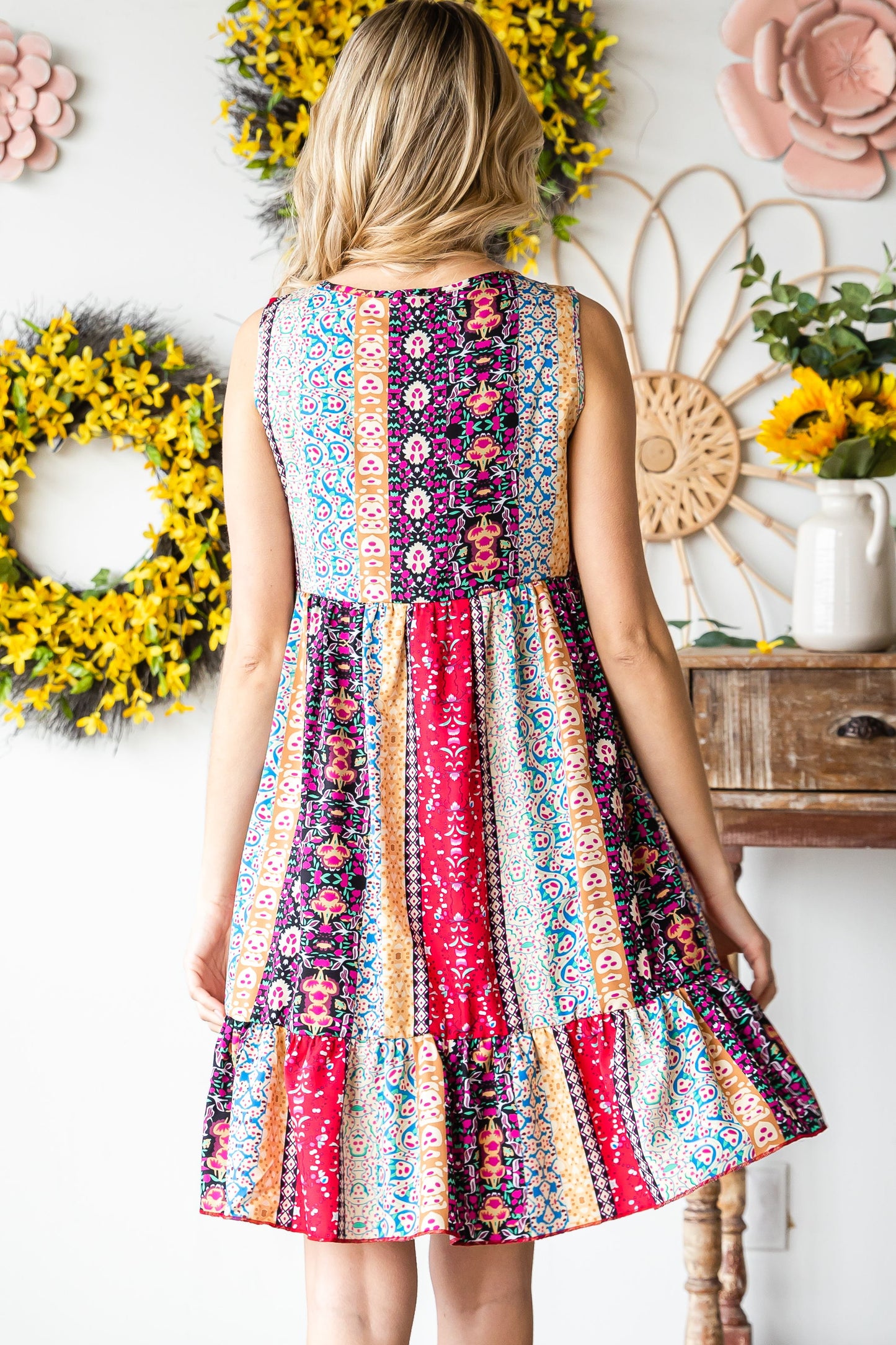 Red Floral Splicing Flounce V Neck Sleeveless Mini Dress