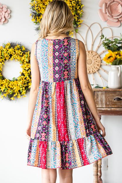Red Floral Splicing Flounce V Neck Sleeveless Mini Dress