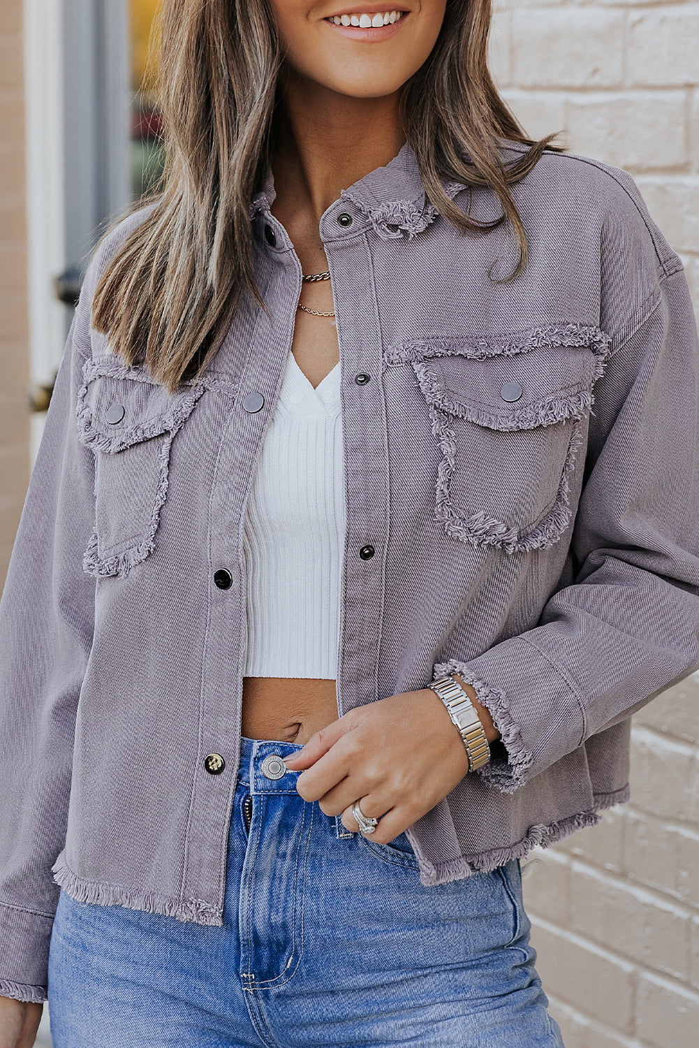 Distressed Flap Pockets Frayed Hemline Denim Jacket