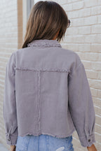 Distressed Flap Pockets Frayed Hemline Denim Jacket