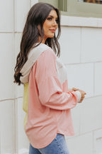 Multicolor Color Block Pocketed Button Down Shirt Jacket with Hood