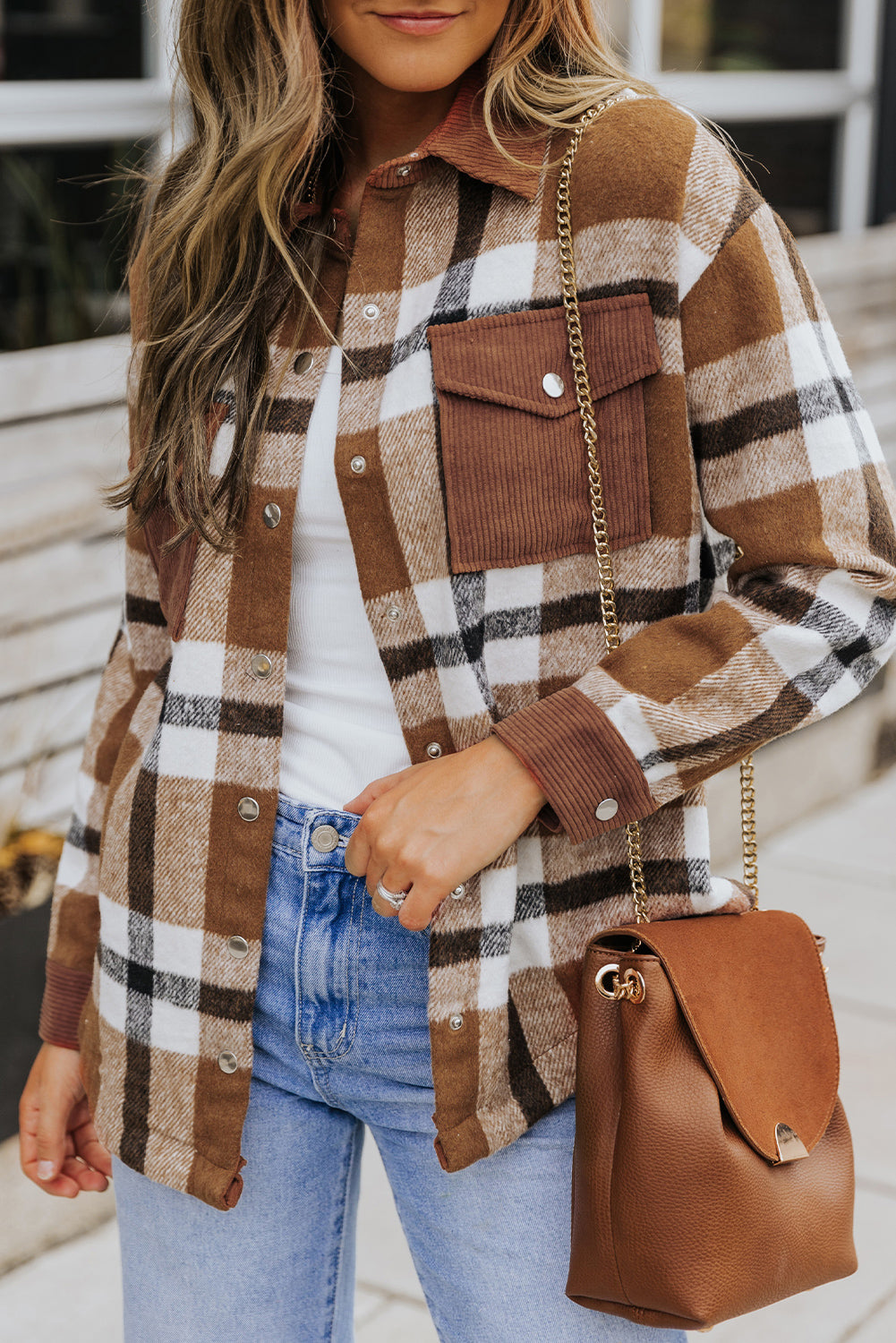 Pocketed Buttoned Plaid Shirt Jacket