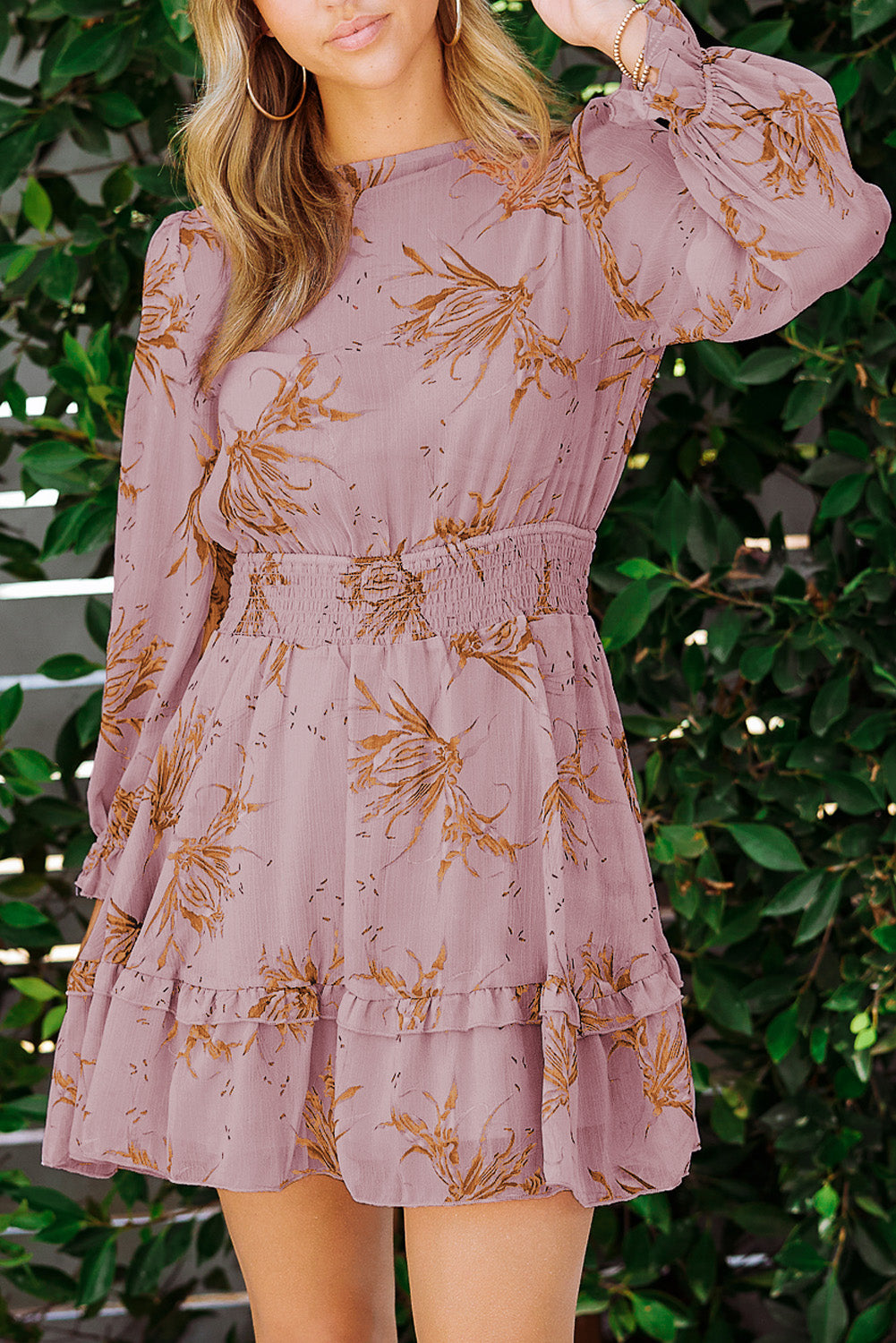 Lantern Sleeve Knotted Tiered Mini Dress