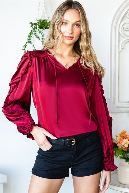 Split Neck Ruffled Satin Shirt