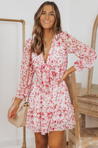 Lantern Sleeve Knotted Tiered Mini Dress