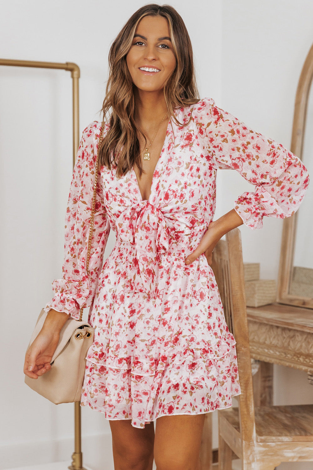 Lantern Sleeve Knotted Tiered Mini Dress