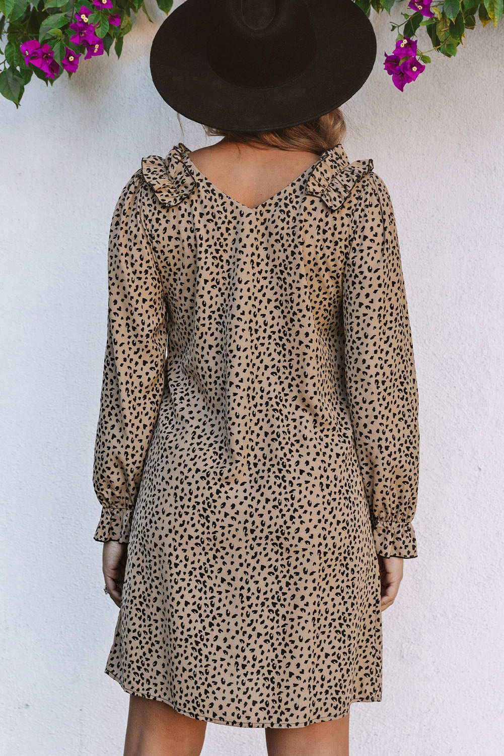 Khaki Leopard Frill Trim V Neck Dress
