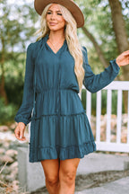 V Neck Long Sleeve Ruffle Tiered Mini Dress