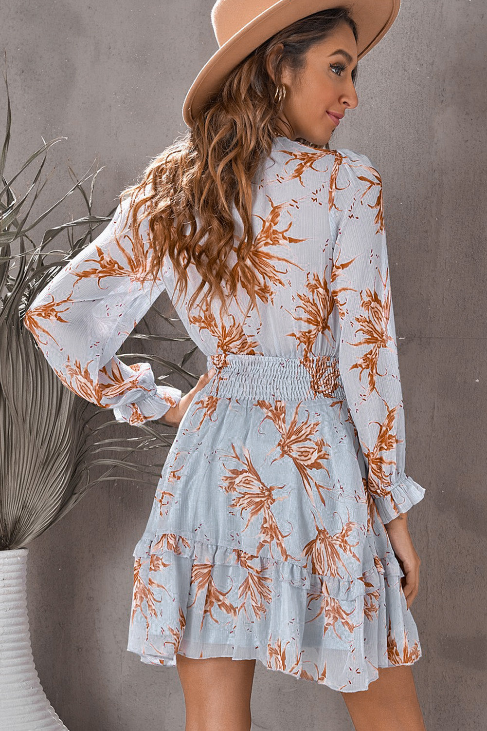 Lantern Sleeve Knotted Tiered Mini Dress