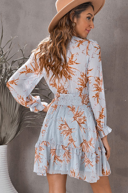 Lantern Sleeve Knotted Tiered Mini Dress