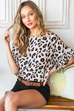 Leopard Print Ruffle Trim Batwing Sleeve Blouse