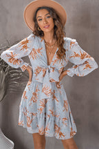 Lantern Sleeve Knotted Tiered Mini Dress