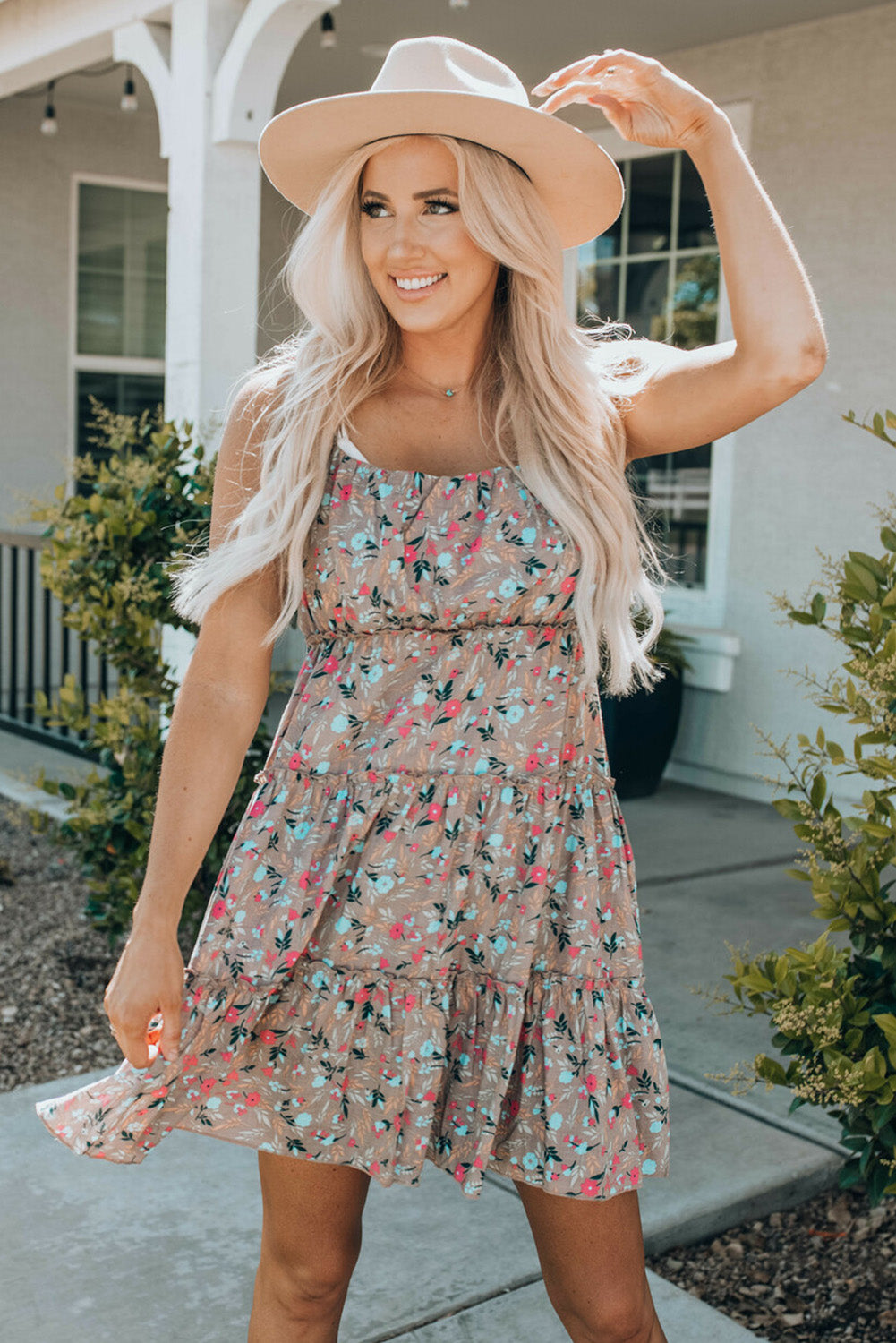 Khaki Flower Print Tiered Frilled Knotted Spaghetti Strap Mini Dress