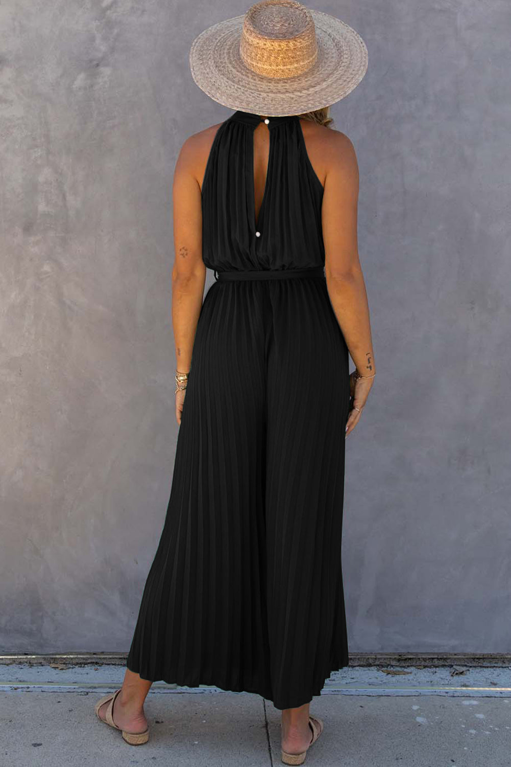 Halter Neck Pleated Wide Leg Jumpsuit with Belt