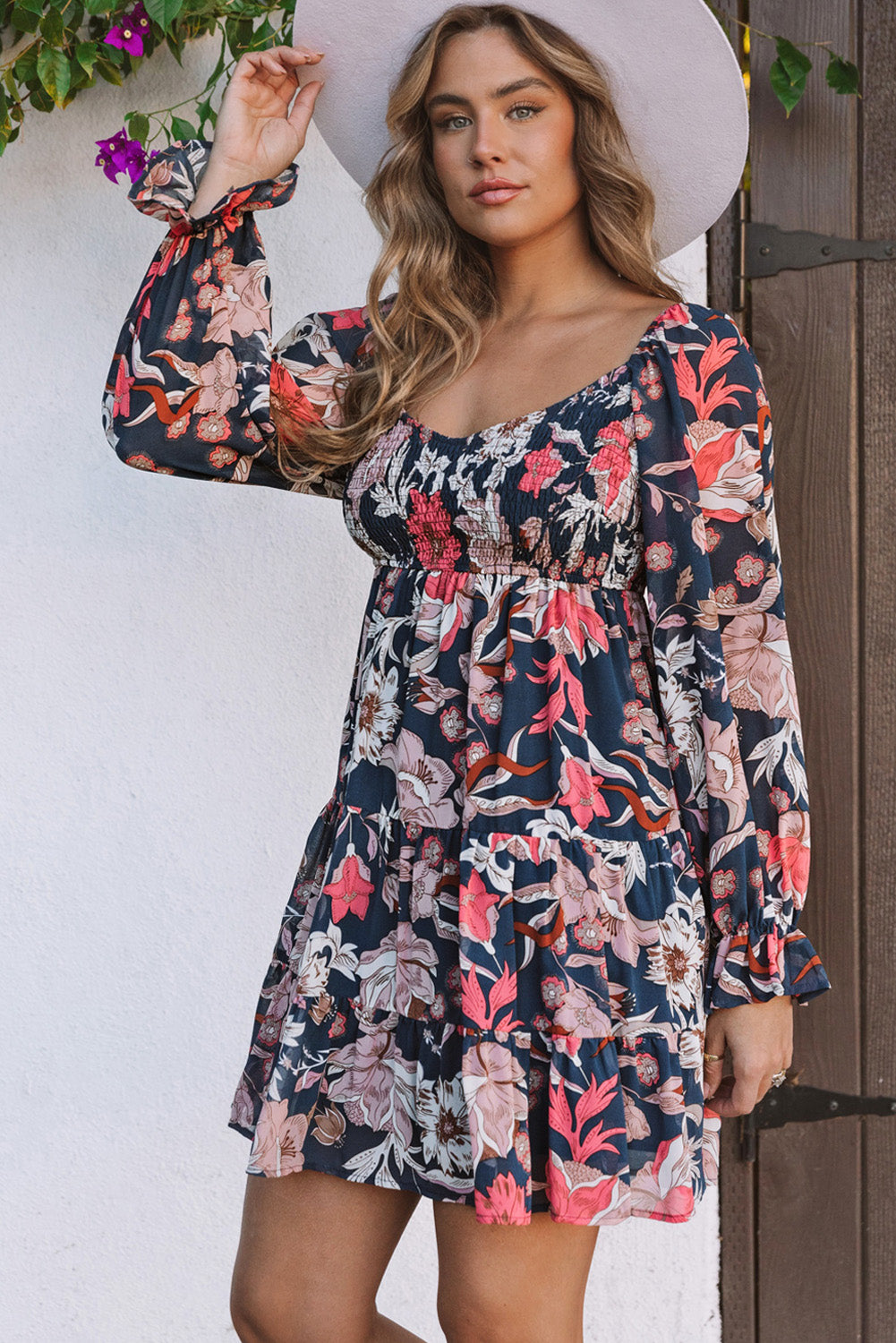 Floral Tiered Long Puff Sleeve Mini Dress