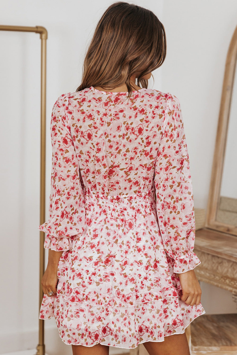 Lantern Sleeve Knotted Tiered Mini Dress