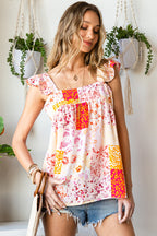 Multicolor Floral Patchwork Print Ruffle Trim Tank Top