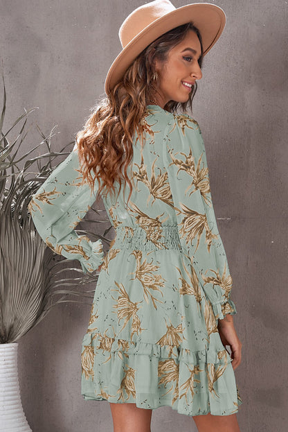 Lantern Sleeve Knotted Tiered Mini Dress