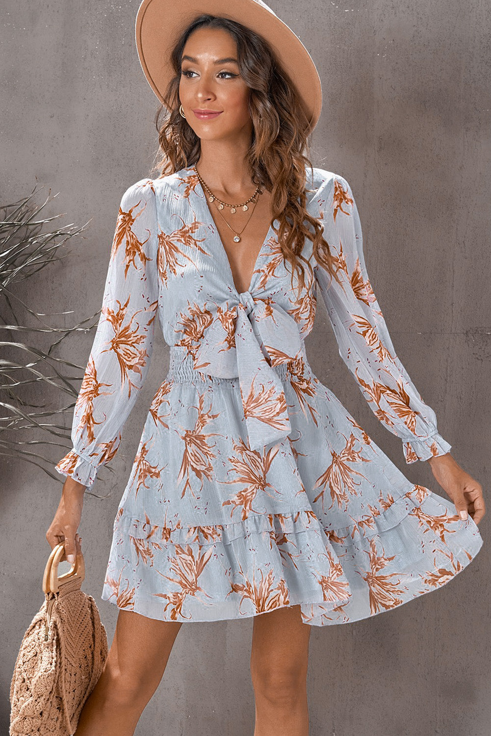 Lantern Sleeve Knotted Tiered Mini Dress