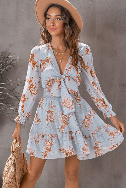 Lantern Sleeve Knotted Tiered Mini Dress
