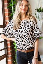 Leopard Print Ruffle Trim Batwing Sleeve Blouse