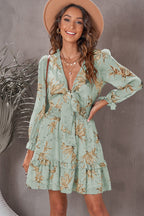 Lantern Sleeve Knotted Tiered Mini Dress