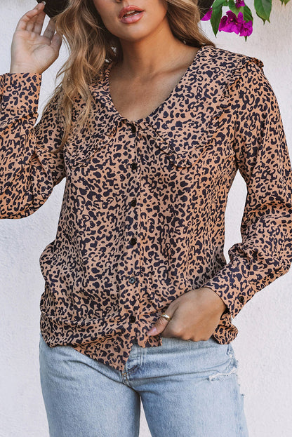 Print Buttoned Frilled V Neck Top