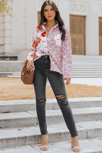 Floral Patchwork Buttoned Shirt with Pocket