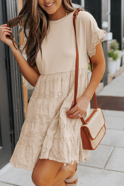 Khaki Eyelet Pattern Tiered Short Dress