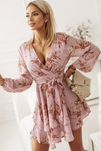 Beige V Neck Baggy Sleeve Waist Tie Double Layer Ruffle Hem Dotted Print Short Dress