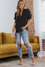 White Solid Color Half Sleeve V Neck Blouse