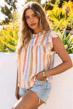 Multicolor Striped Color Block Ruffled O-neck Sleeveless Top