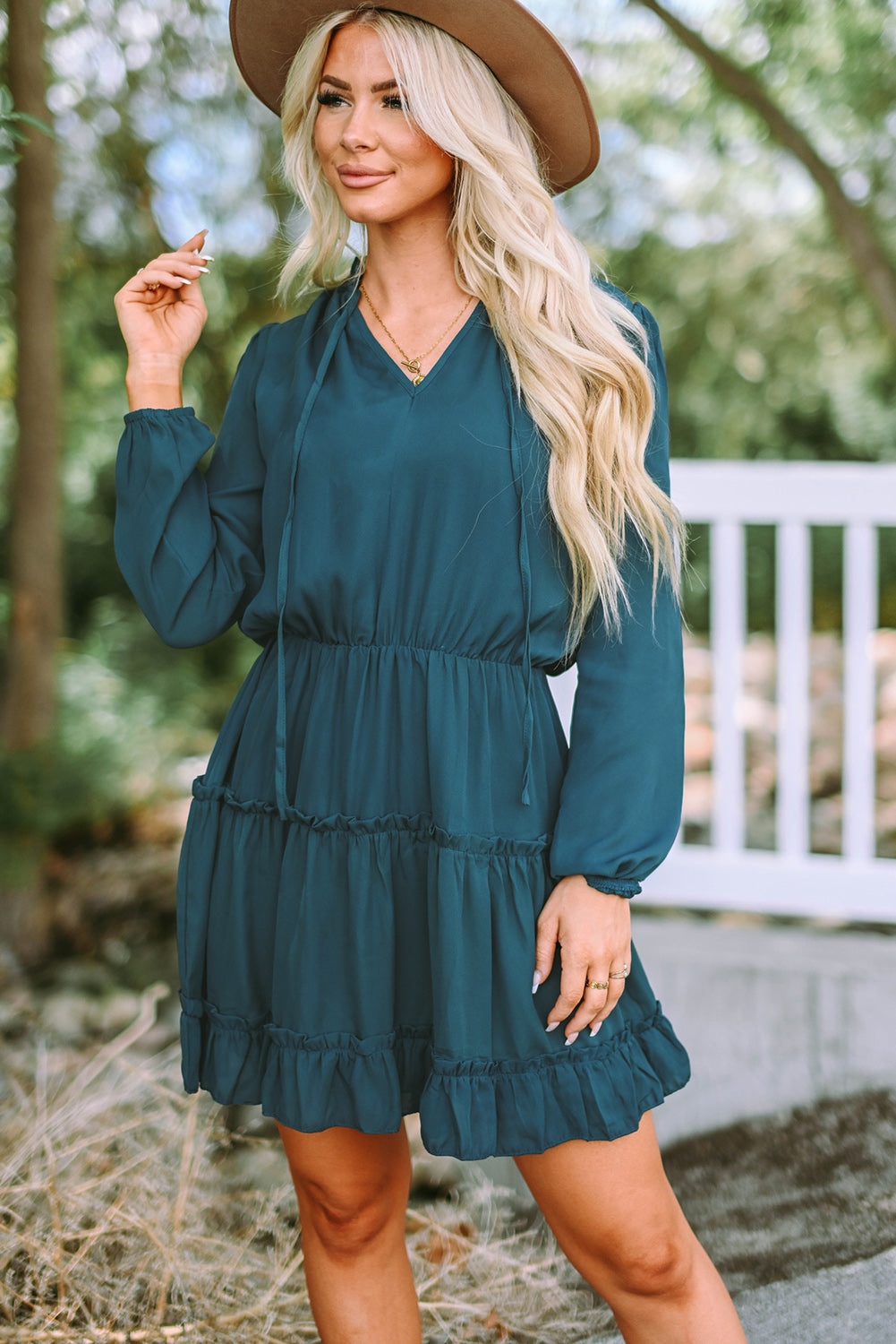 V Neck Long Sleeve Ruffle Tiered Mini Dress